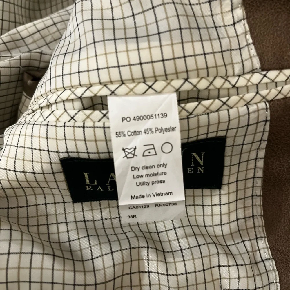 Lauren Ralph Lauren 38R Brown Faux Leather Check Lining Blazer Jacket Sport Coat